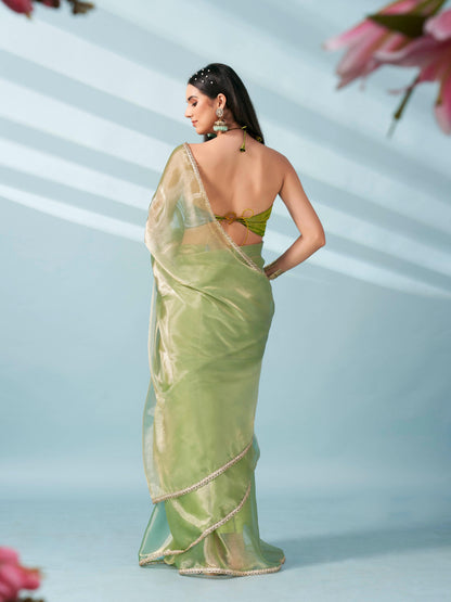 Dhiyona TI Women's Green Colored Shimmer Satin Lace Saree With Unstitched Blouse