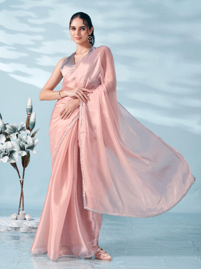 Indyancart TI Women's Peach Colored Shimmer Satin Lace Saree With Unstitched Blouse