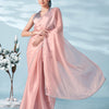 Dhiyona TI Women's Peach Colored Shimmer Satin Lace Saree With Unstitched Blouse