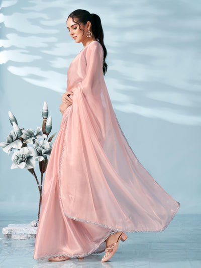 Indyancart TI Women's Peach Colored Shimmer Satin Lace Saree With Unstitched Blouse