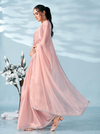 Dhiyona TI Women's Peach Colored Shimmer Satin Lace Saree With Unstitched Blouse