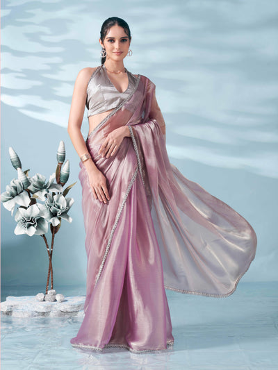 Indyancart TI Women's Lavender Colored Shimmer Satin Lace Saree With Unstitched Blouse