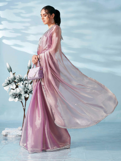 Indyancart TI Women's Lavender Colored Shimmer Satin Lace Saree With Unstitched Blouse