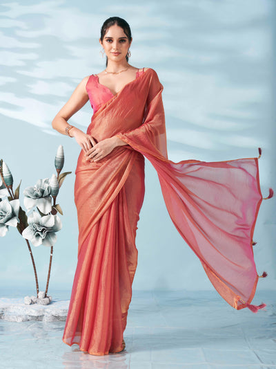 Indyancart TI Women's Two Tone Pink Colored Satin Chiffon Saree With Unstitched Blouse
