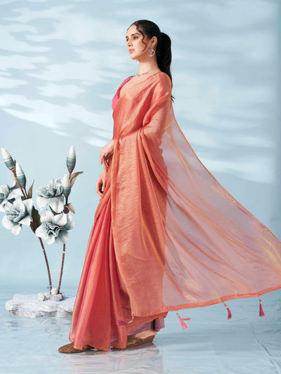 Indyancart TI Women's Two Tone Pink Colored Satin Chiffon Saree With Unstitched Blouse