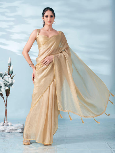 Indyancart TI Women's Beige Colored Satin Saree With Unstitched Blouse