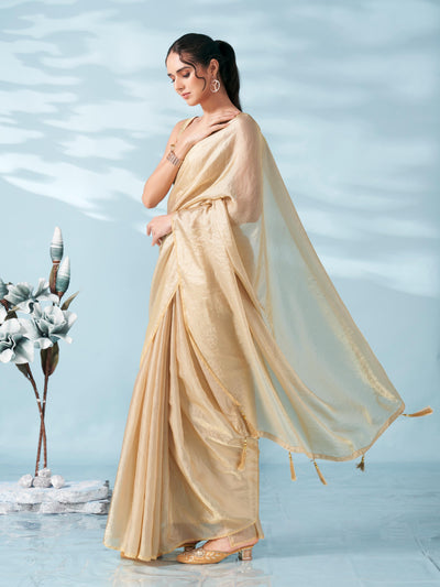 Indyancart TI Women's Beige Colored Satin Saree With Unstitched Blouse