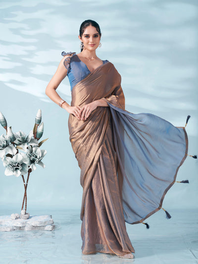 Indyancart TI Women's Two Tone Bronze And Blue Colored Satin Saree With Unstitched Blouse