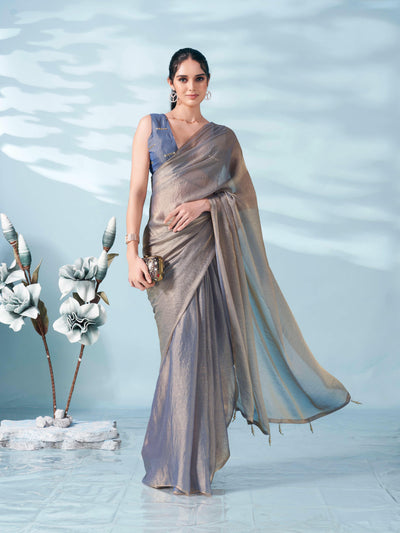 Indyancart TI Women's Blue And Copper Colored Two Tone Chiffon Saree With Unstitched Blouse