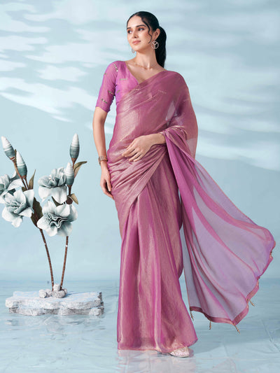 Indyancart TI Women's Pink And Gold Colored Two Tone Chiffon Saree With Unstitched Blouse