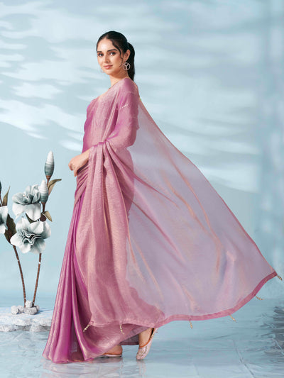 Indyancart TI Women's Pink And Gold Colored Two Tone Chiffon Saree With Unstitched Blouse