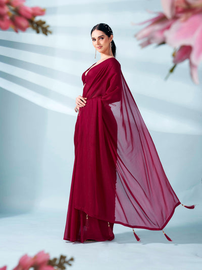 Indyancart TI Women's Maroon Zari Weaving Satin Saree With Unstitched Blouse