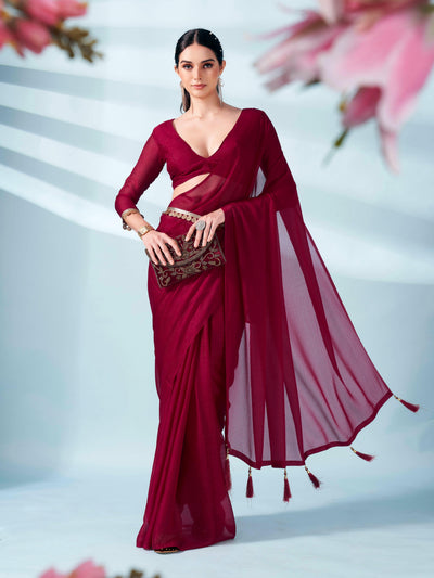 Indyancart TI Women's Maroon Zari Weaving Satin Saree With Unstitched Blouse