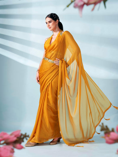 Indyancart TI Women's Mustard Colored Zari Weaving Satin Saree With Unstitched Blouse