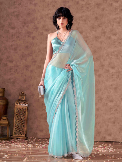 Indyancart TI Women's Blue Colored Shimmer Chiffon Embellished Lace Saree with Unstitched Blouse