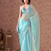 Dhiyona TI Women's Blue Colored Shimmer Chiffon Embellished Lace Saree with Unstitched Blouse