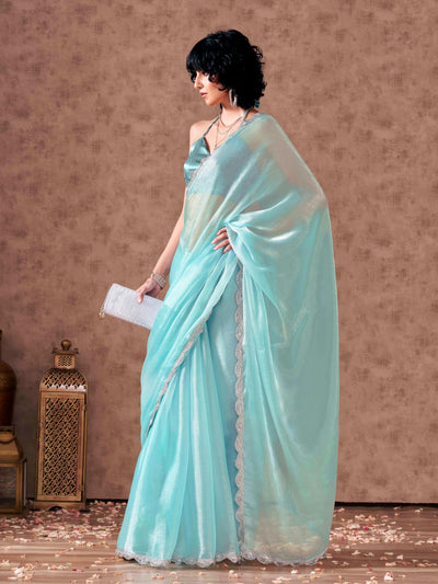 Indyancart TI Women's Blue Colored Shimmer Chiffon Embellished Lace Saree with Unstitched Blouse