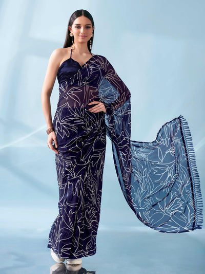 Indyancart TI Women's Ready To Wear Printed Saree with Pockets and Tassels On Pallu with Unstitched Blouse