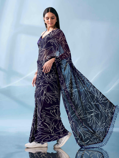 Indyancart TI Women's Ready To Wear Printed Saree with Pockets and Tassels On Pallu with Unstitched Blouse