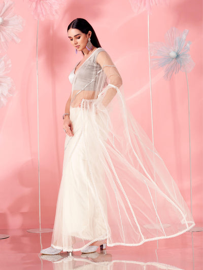 Indyancart TI Women's Off White Coloured Designer Net Saree with Unstitched Blouse