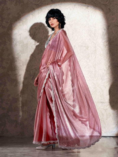 Indyancart TI Women's Pink Colored Shimmer Chiffon Embellished Border Saree with Unstitched Blouse