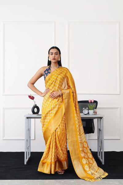 Indyancart TI Women's Ready To Wear Mustard Printed Saree with Unstitched Blouse