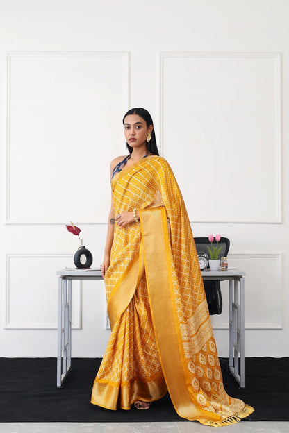 Indyancart TI Women's Ready To Wear Mustard Printed Saree with Unstitched Blouse