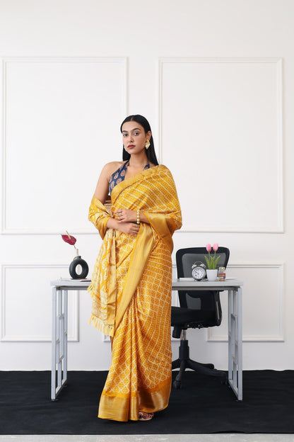 Indyancart TI Women's Ready To Wear Mustard Printed Saree with Unstitched Blouse