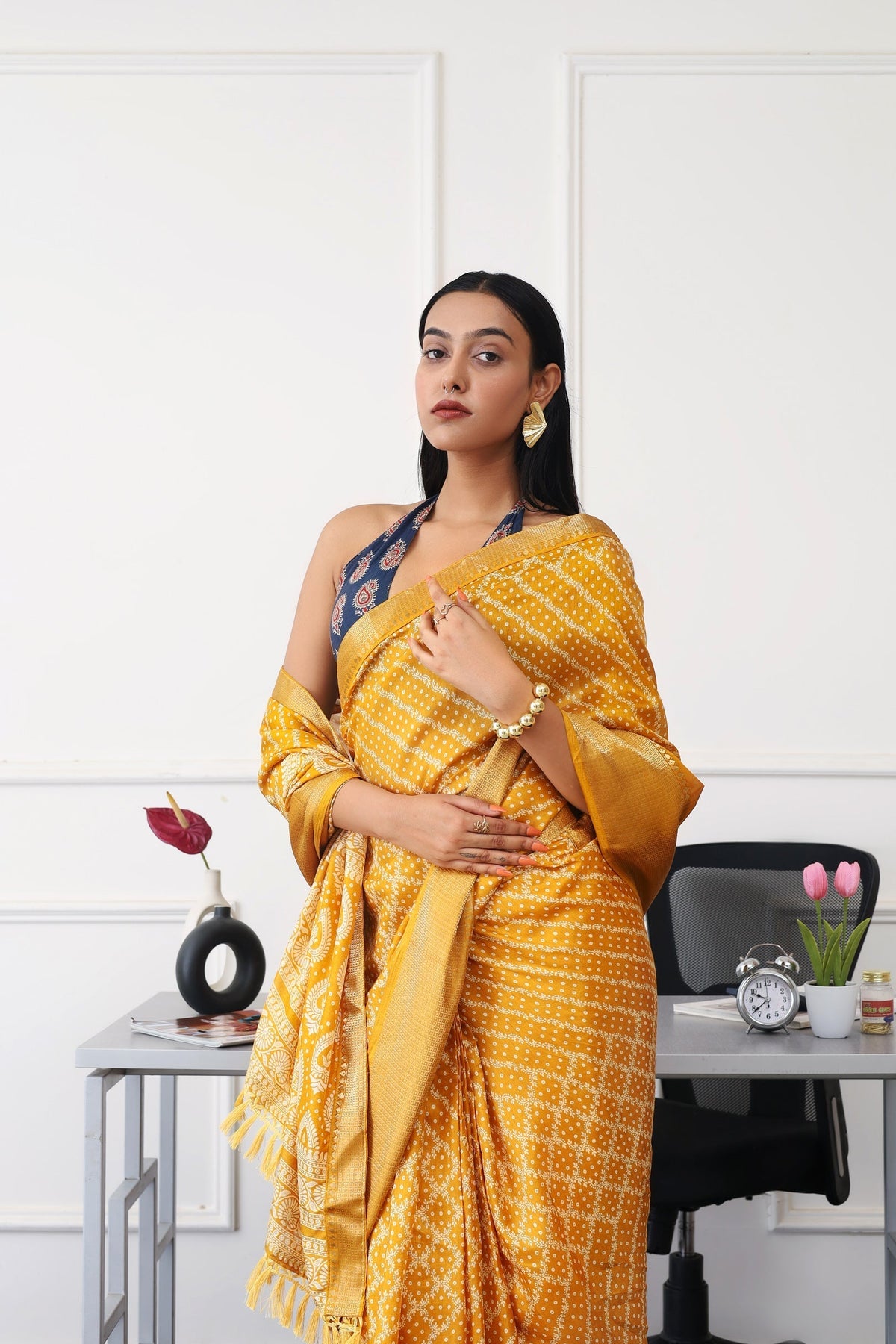 Indyancart TI Women's Ready To Wear Mustard Printed Saree with Unstitched Blouse