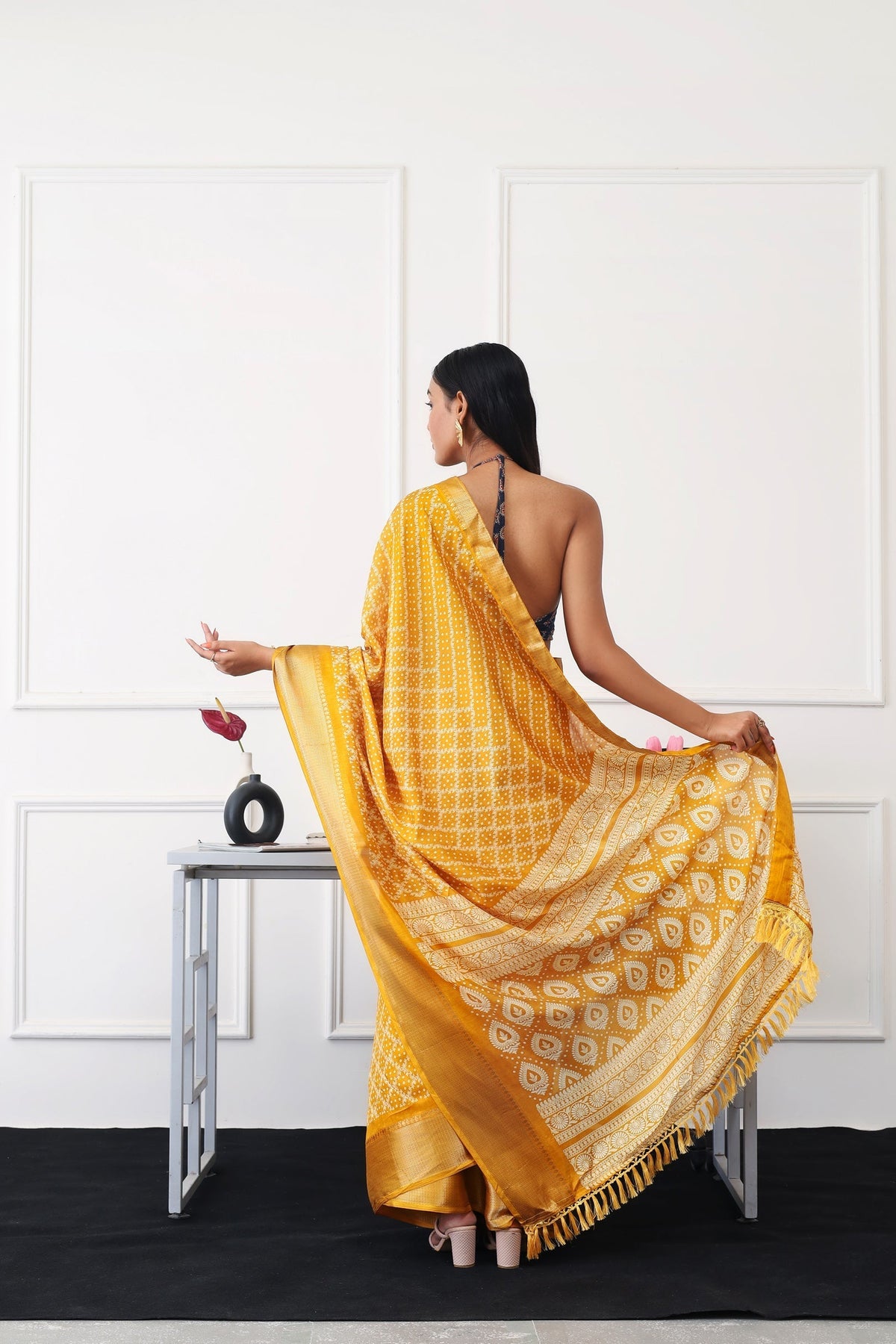 Indyancart TI Women's Ready To Wear Mustard Printed Saree with Unstitched Blouse