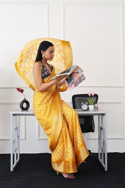 Indyancart TI Women's Ready To Wear Mustard Printed Saree with Unstitched Blouse