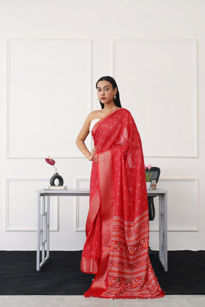 Indyancart TI Women's Ready To Wear Red Printed Saree with Unstitched Blouse