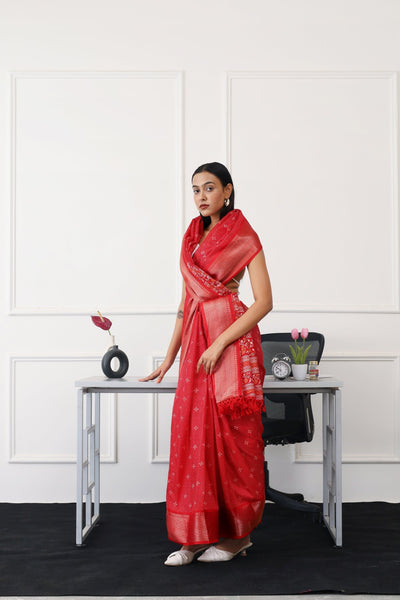 Indyancart TI Women's Ready To Wear Red Printed Saree with Unstitched Blouse