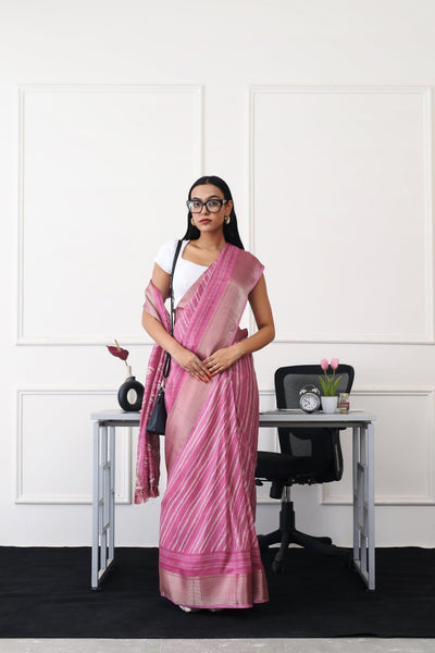 Indyancart TI Women's Ready To Wear Pink Printed Saree with Unstitched Blouse