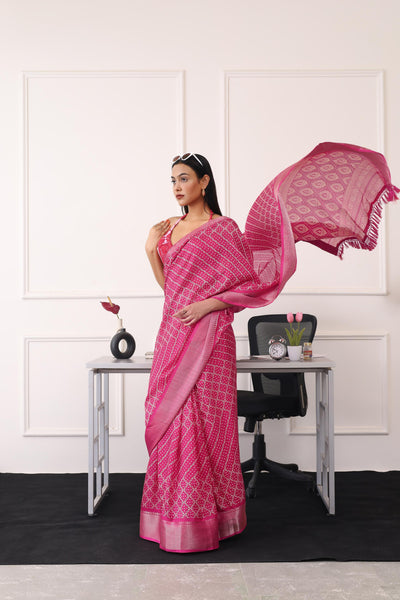 Indyancart TI Women's Ready To Wear Pink Printed Saree with Unstitched Blouse