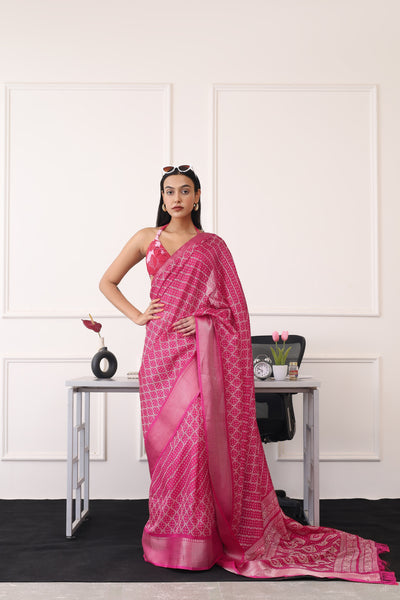 Indyancart TI Women's Ready To Wear Pink Printed Saree with Unstitched Blouse