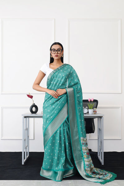 Indyancart TI Women's Ready To Wear Green Printed Saree with Unstitched Blouse