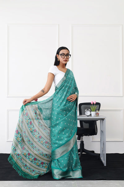 Indyancart TI Women's Ready To Wear Green Printed Saree with Unstitched Blouse