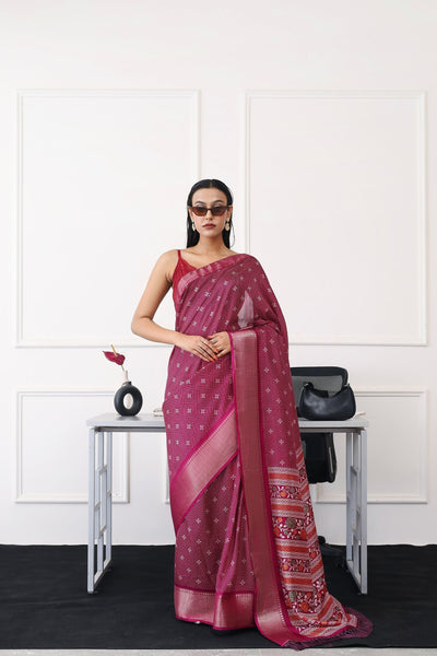 Indyancart TI Women's Ready To Wear Magenta Printed Saree with Unstitched Blouse