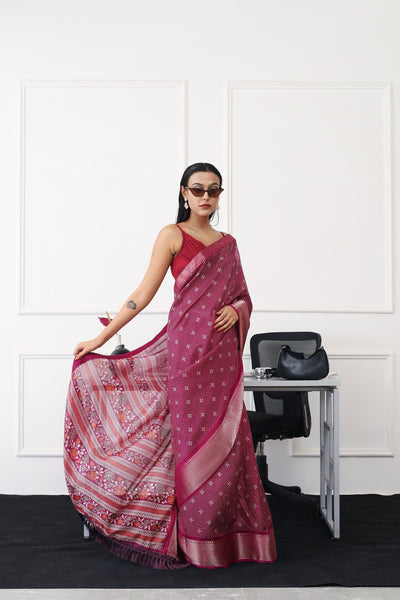 Indyancart TI Women's Ready To Wear Magenta Printed Saree with Unstitched Blouse