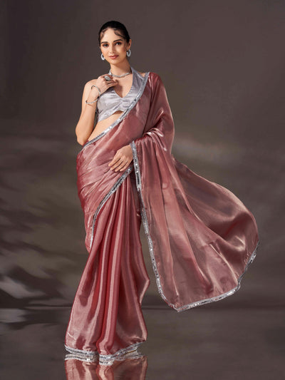 Indyancart TI Women's Maroon Shimmer Satin Chiffon Saree With Unstitched Blouse
