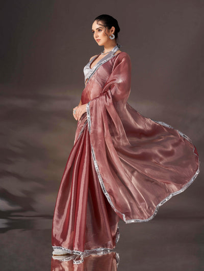 Indyancart TI Women's Maroon Shimmer Satin Chiffon Saree With Unstitched Blouse
