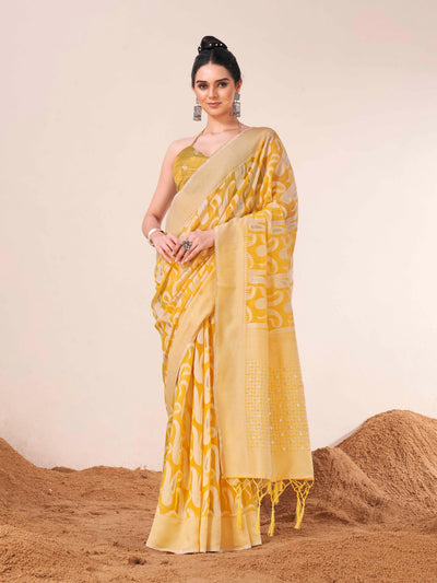 Indyancart TI Women's Ready To Wear Yellow Woven Saree with Unstitched Blouse