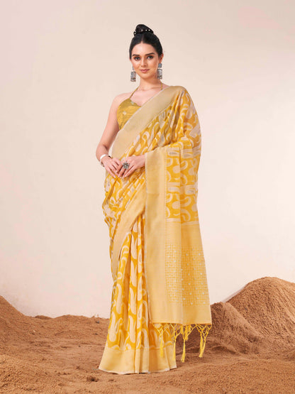 Indyancart TI Women's Ready To Wear Yellow Woven Saree with Unstitched Blouse