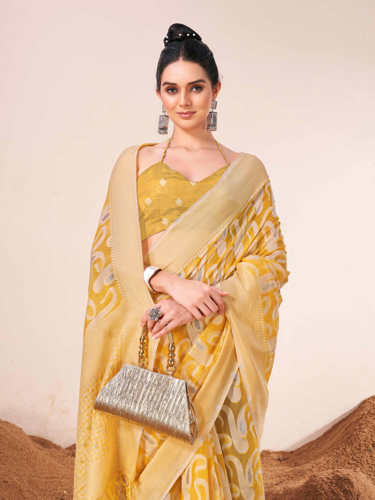 Indyancart TI Women's Ready To Wear Yellow Woven Saree with Unstitched Blouse