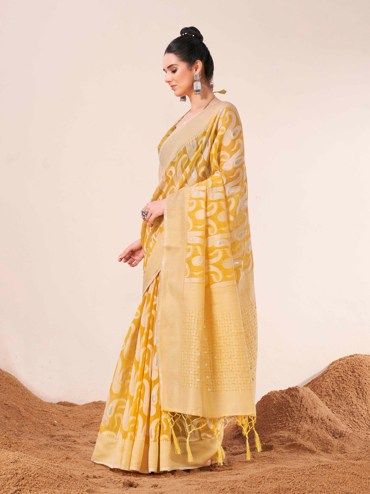 Indyancart TI Women's Ready To Wear Yellow Woven Saree with Unstitched Blouse