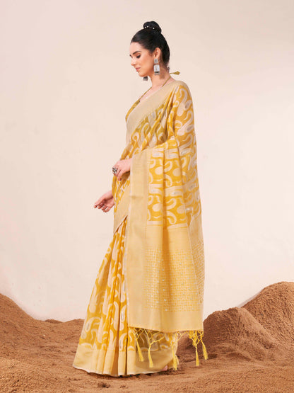 Indyancart TI Women's Ready To Wear Yellow Woven Saree with Unstitched Blouse