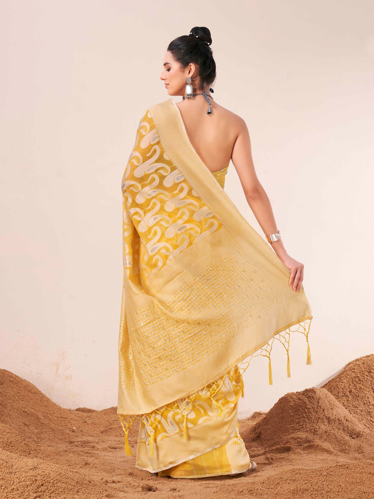 Indyancart TI Women's Ready To Wear Yellow Woven Saree with Unstitched Blouse