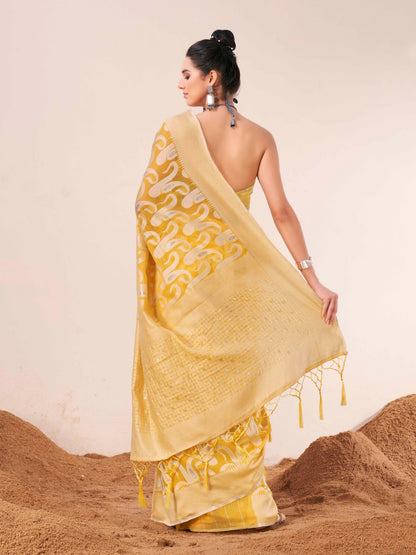 Indyancart TI Women's Ready To Wear Yellow Woven Saree with Unstitched Blouse