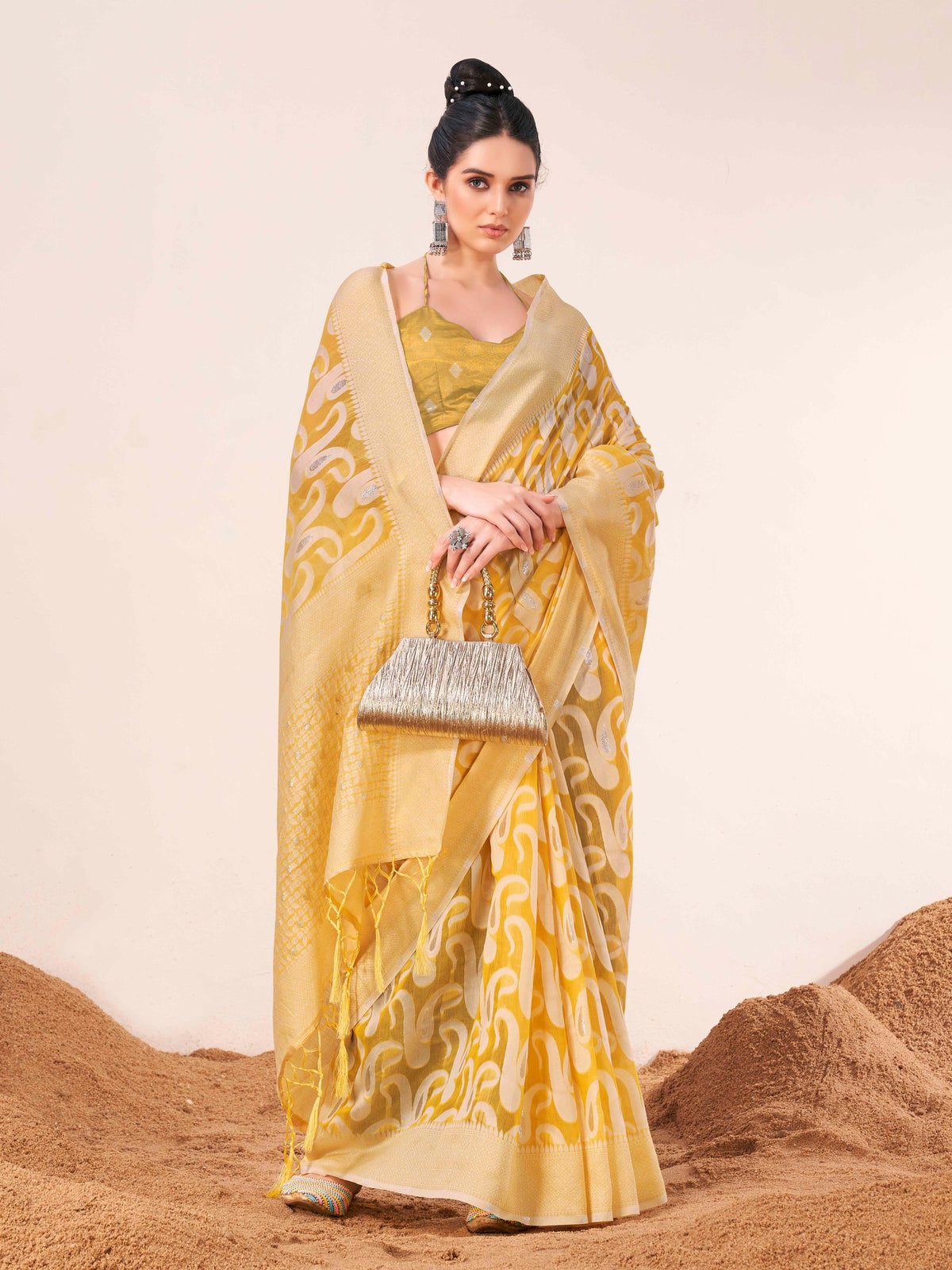 Indyancart TI Women's Ready To Wear Yellow Woven Saree with Unstitched Blouse
